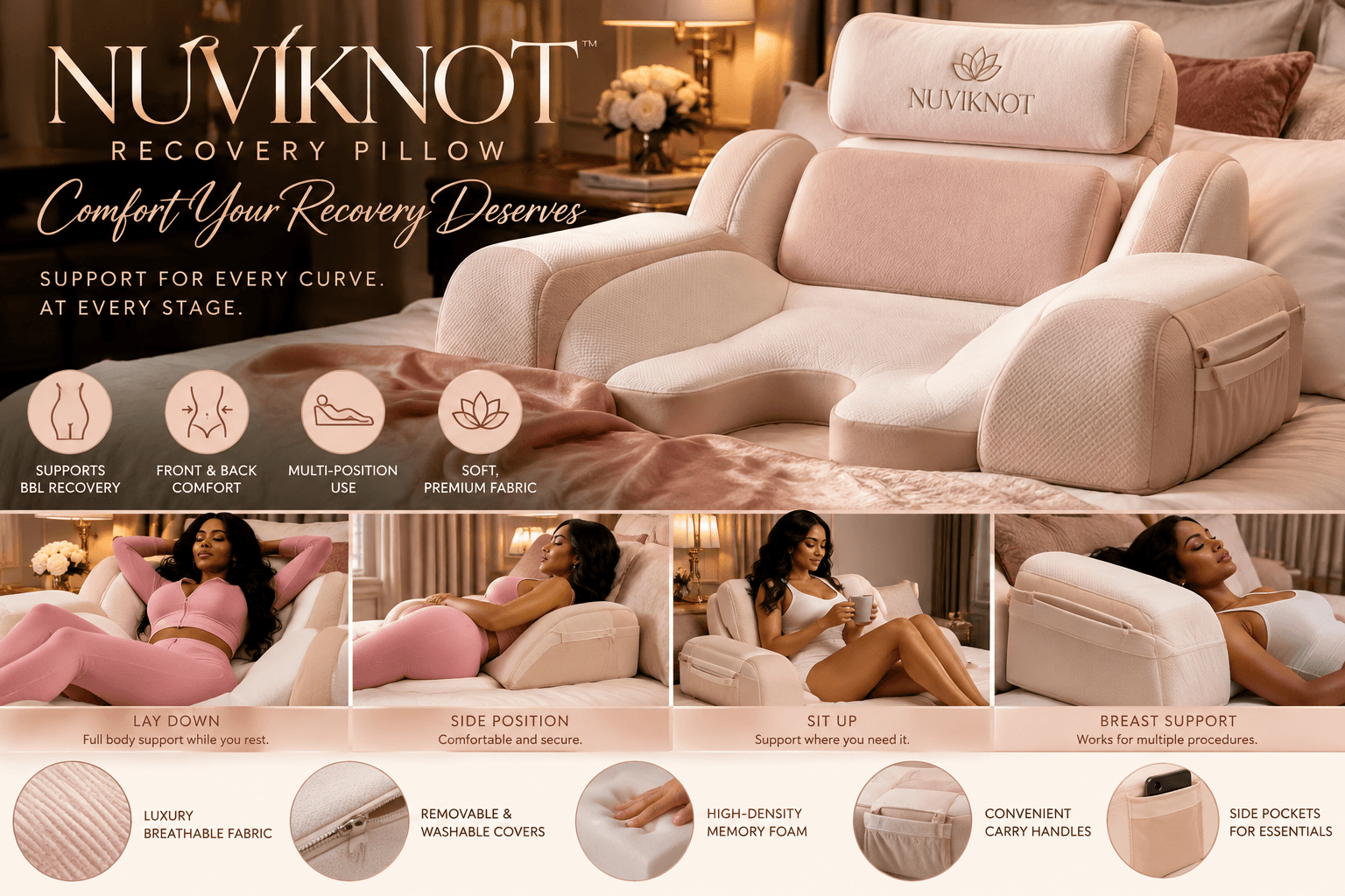 Concept image of cream and blush support pillows arranged on a matching upholstered chair.